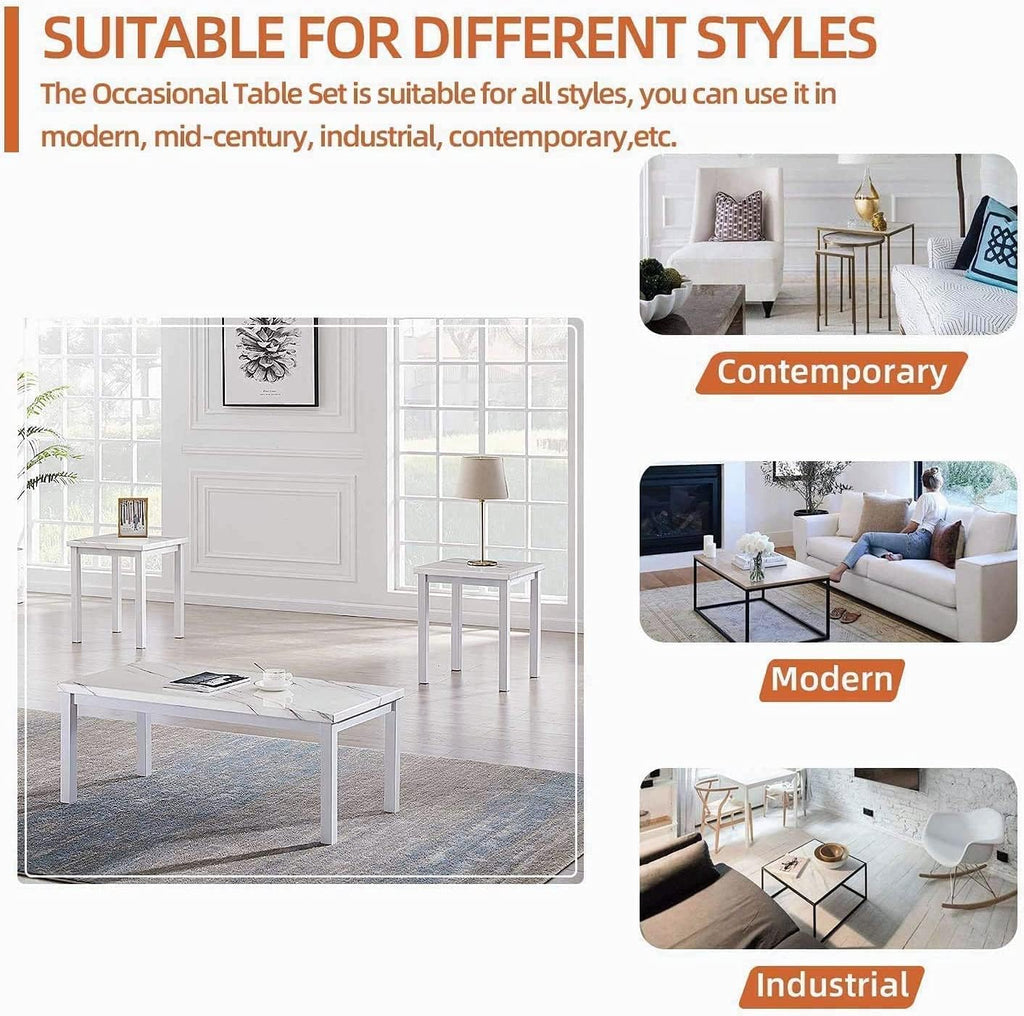 Hooseng 3 Piece Coffee Table Set, Faux Marble Tabletop Style with Black Metal Frame Sofa Side Tables Perfect for Living Room Accent Furniture,Includes Table & 2 End Tables, White