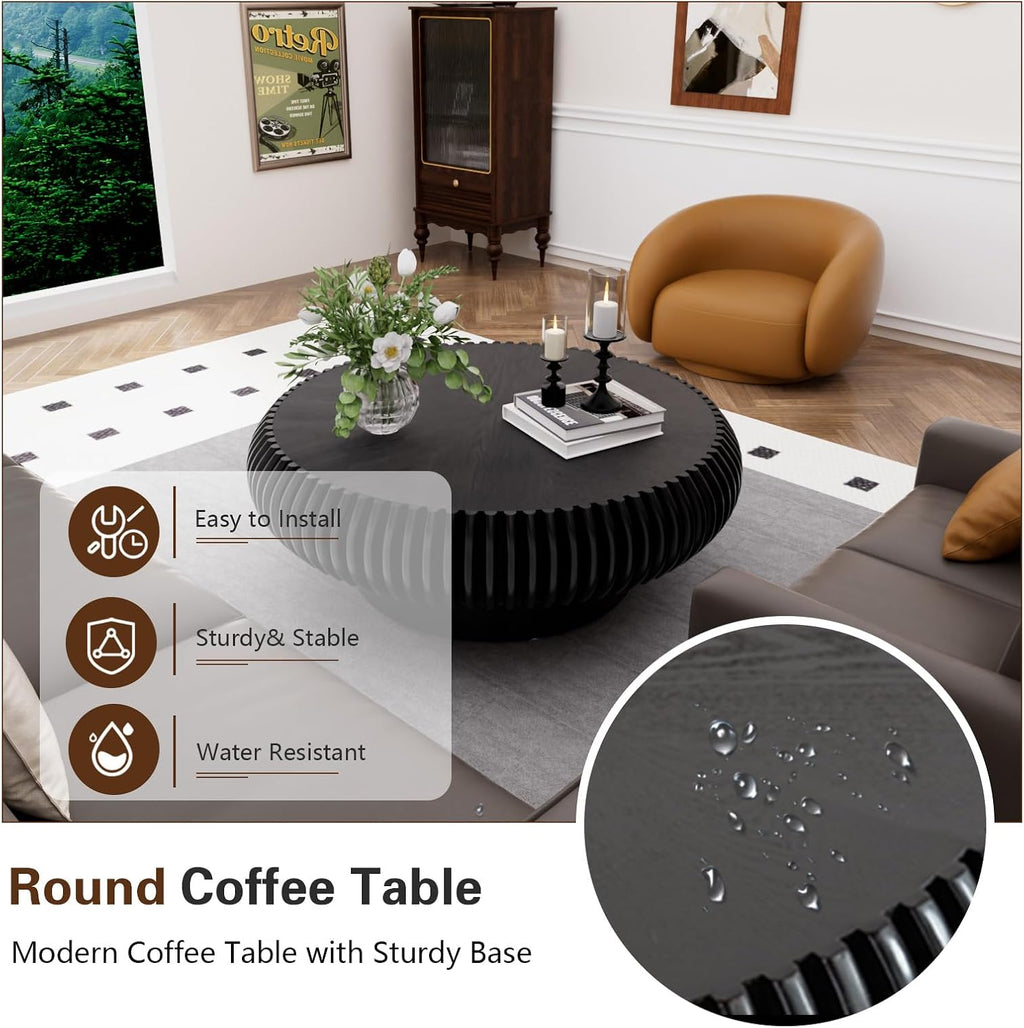 Round Drum Coffee Table Modern Coffee Tables Fluted Coffee Table Circle Center Table Pedestal End Table for Living Room Bedroom (Black 31.5in)