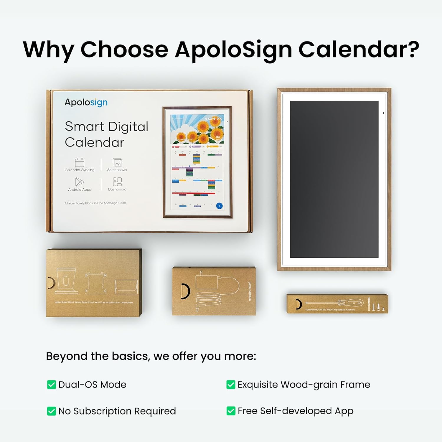 Apolosign 15.6-inch Digital Family Calendar, No Subscription Fee, Smart Wall Planner with Calendar Sync, Chore Chart & Touchscreen Display for Busy Families, Dual Mode, with Stand (Teak)