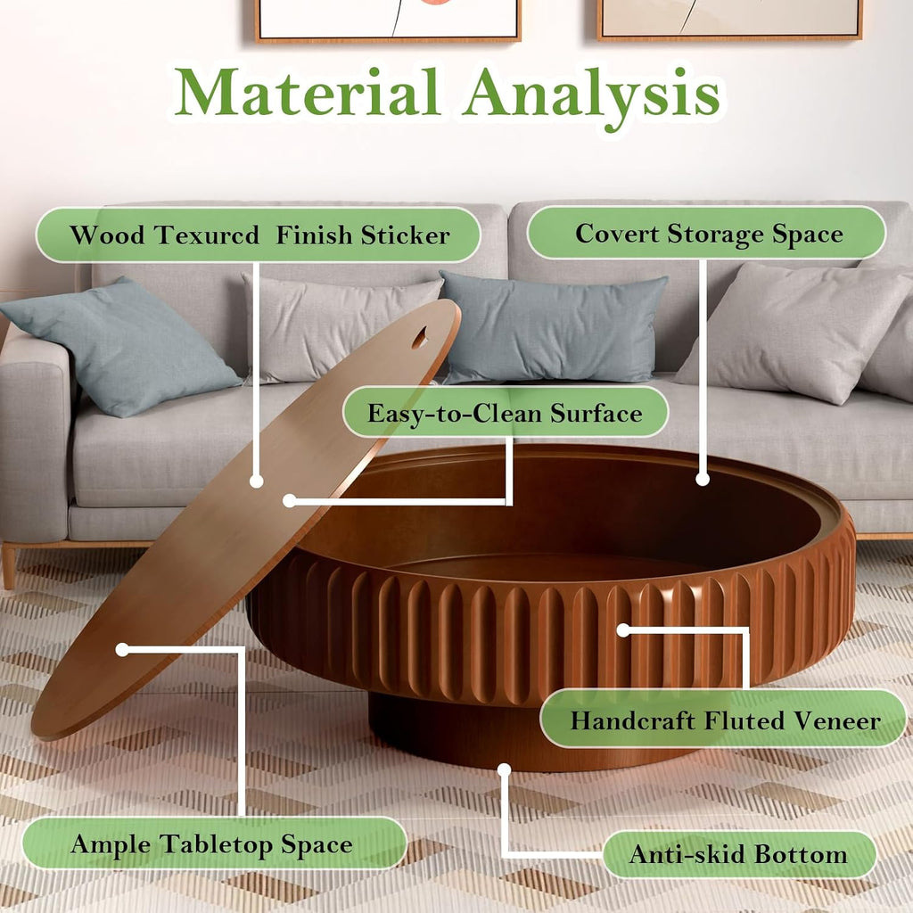 39.37' Round Drum Coffee Table with Storage Rustic Chic Fluted Center Table - Handcraft Solid Wood Veneer Edge for Living Room Farmhouse (A 39.37in)