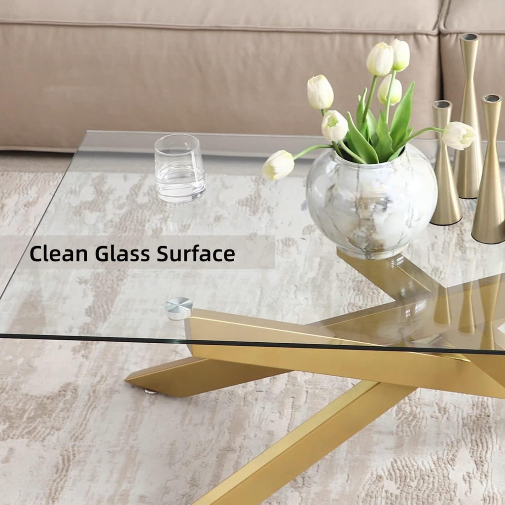 Gold Coffee Table for Living Room, Modern Glass Coffee Table with 47' Tempered Glass Top and Metal Tubular Legs for Small Space, Apartment, Office