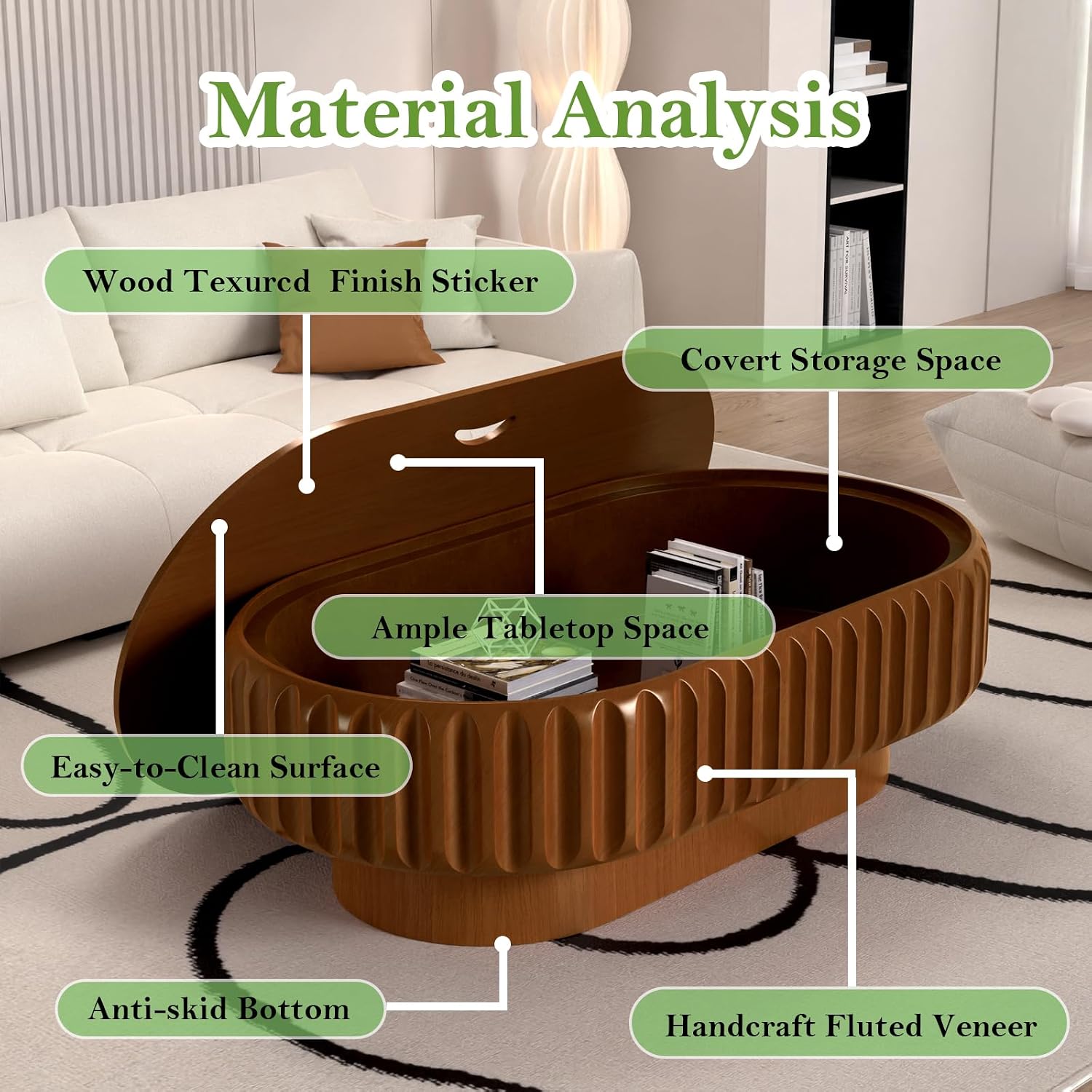 43.3' Oval Drum Coffee Table with Storage Rustic Chic Fluted Center Table - Handcraft Solid Wood Veneer Edge for Living Room Farmhouse (C 43.3in)