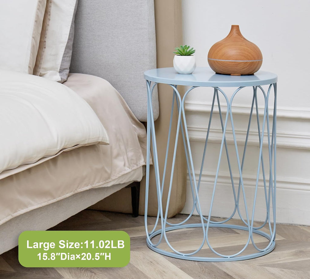 HFHOME Set of 3 Metal Outdoor Side Table, Nesting Round Coffee Table for Indoor Outdoor, Heavy Duty End Tables Plant Stand Living Room Garden Stool - Blue