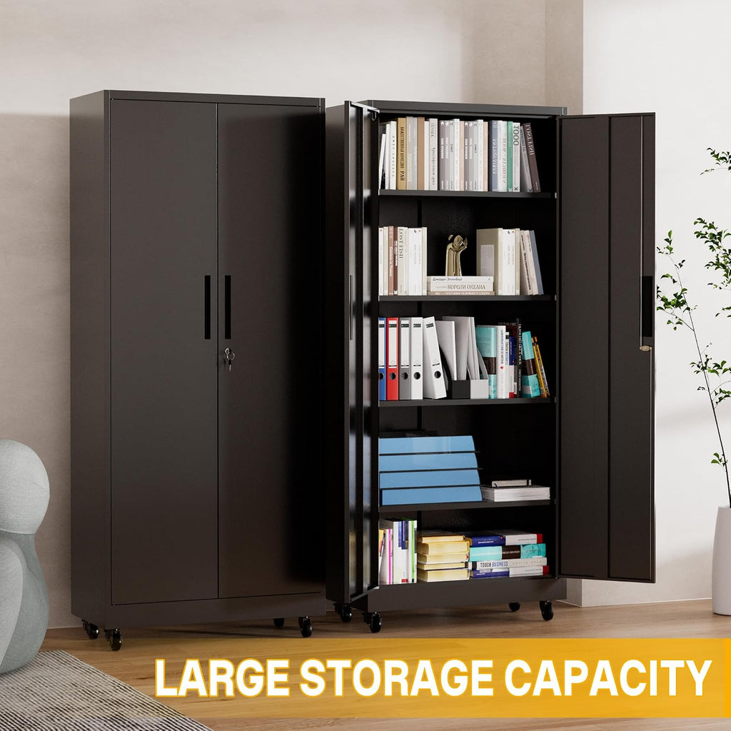 Metal Storage Cabinet with Wheels, 74.5' Garage Storage Cabinet with 4 Adjustable Shelves & Lockable Doors, Heavy Duty Garage Cabinets for Office, Home, Garage, Gym, School