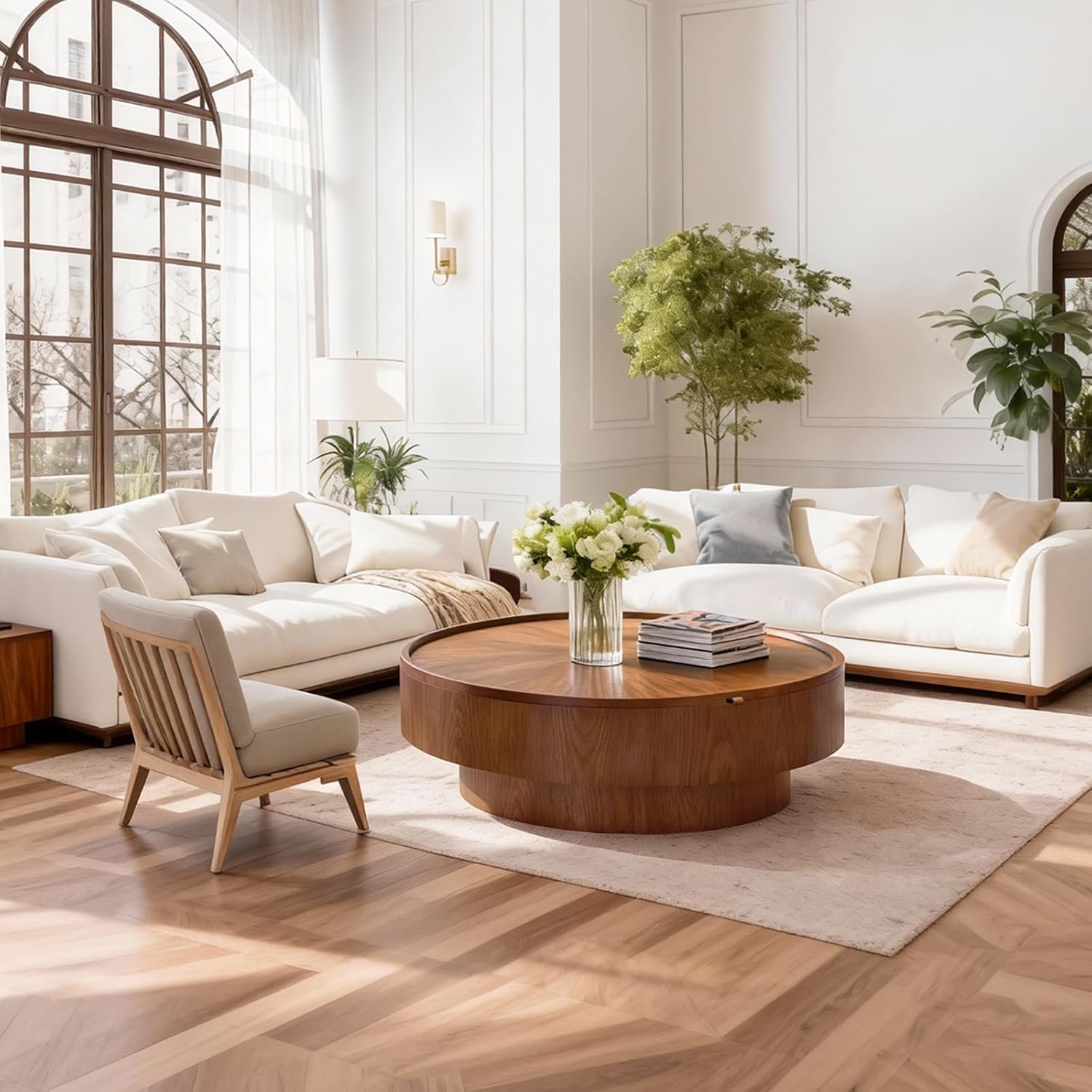 39.4'' Round Storage Coffee Table, Modern Drum Coffee Tables with Solid Wood Veneer, Wooden Circle Center Table for Living Room, Small Spaces, and Apartments, Easy Assembly