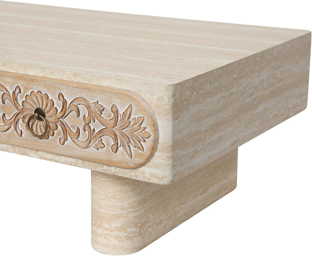 39.5' Faux Mars Coffee Table with Storage, Modern Travertine Coffee Tables with 2 Solid Wood Carved Drawers for Living Room, Rectangular Coffee Center Tea Table with Sturdy Legs for Apartment