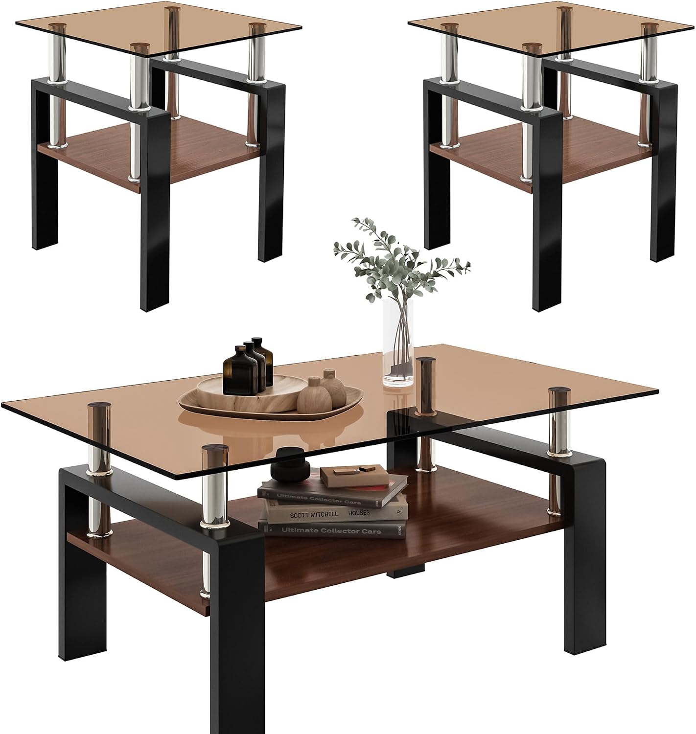 Brown Glass Coffee Table Sets of 3 for Living Room, 39' Mordern End Tables with Storage, Walnut Wooden Shelves & Black Metal Leg, Rectangle Center Table for Small Space Apartment