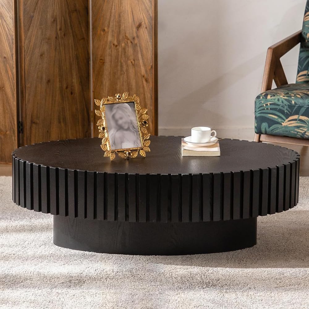 43.3in Oval Fluted Coffee Table Drum Coffee Tables for Living Room Modern Pedestal Center Table (Oval Black 43.3in)