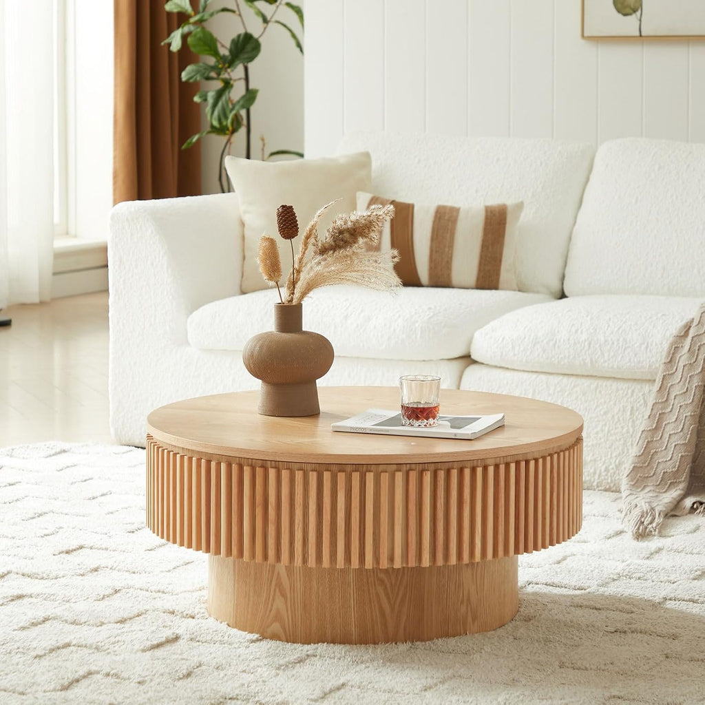 Round Coffee Table with Storage, Small Solid Wood Coffee Table for Living Room, Mid Century Modern Circle Center Tables for Small Space Apartment (31.5''D×14''H-Natural)