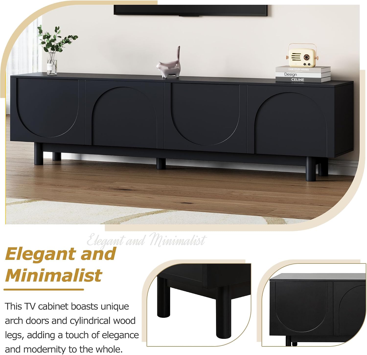 Ball & Cast Modern TV Stand with Arch Cabinets for TVs up to 78', Minimalist Entertainment Center w/Solid Wood Legs and Adjustable Shelves, Media Console for Living Room,Black