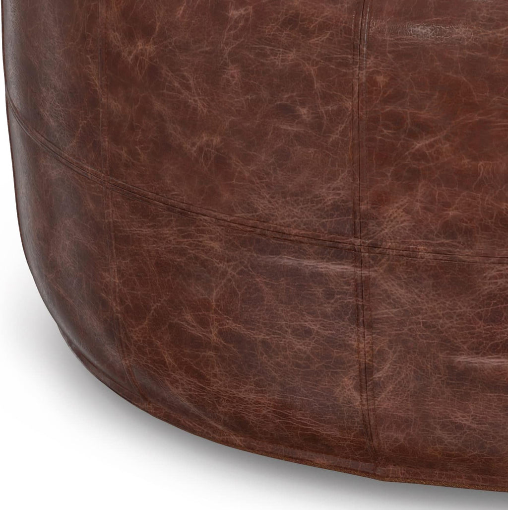 SIMPLIHOME Connor Coffee Table Pouf - 34 inch Wide Round Upholstered Genuine Leather Ottoman in Distressed Brown, Boho-Style Footrest, Extra Seating, or Coffee Table for Living Room, Assembled