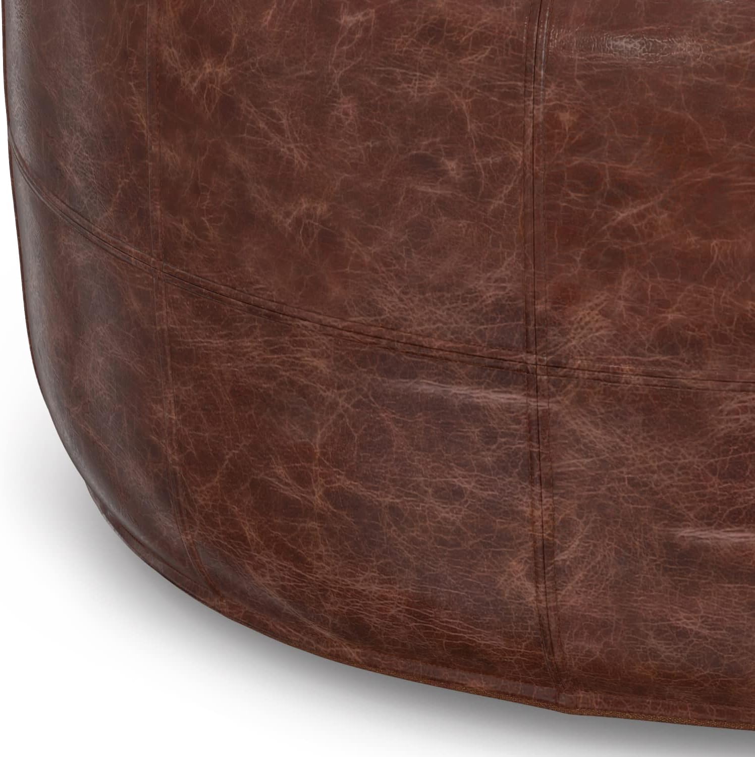 SIMPLIHOME Connor Coffee Table Pouf - 34 inch Wide Round Upholstered Genuine Leather Ottoman in Distressed Brown, Boho-Style Footrest, Extra Seating, or Coffee Table for Living Room, Assembled