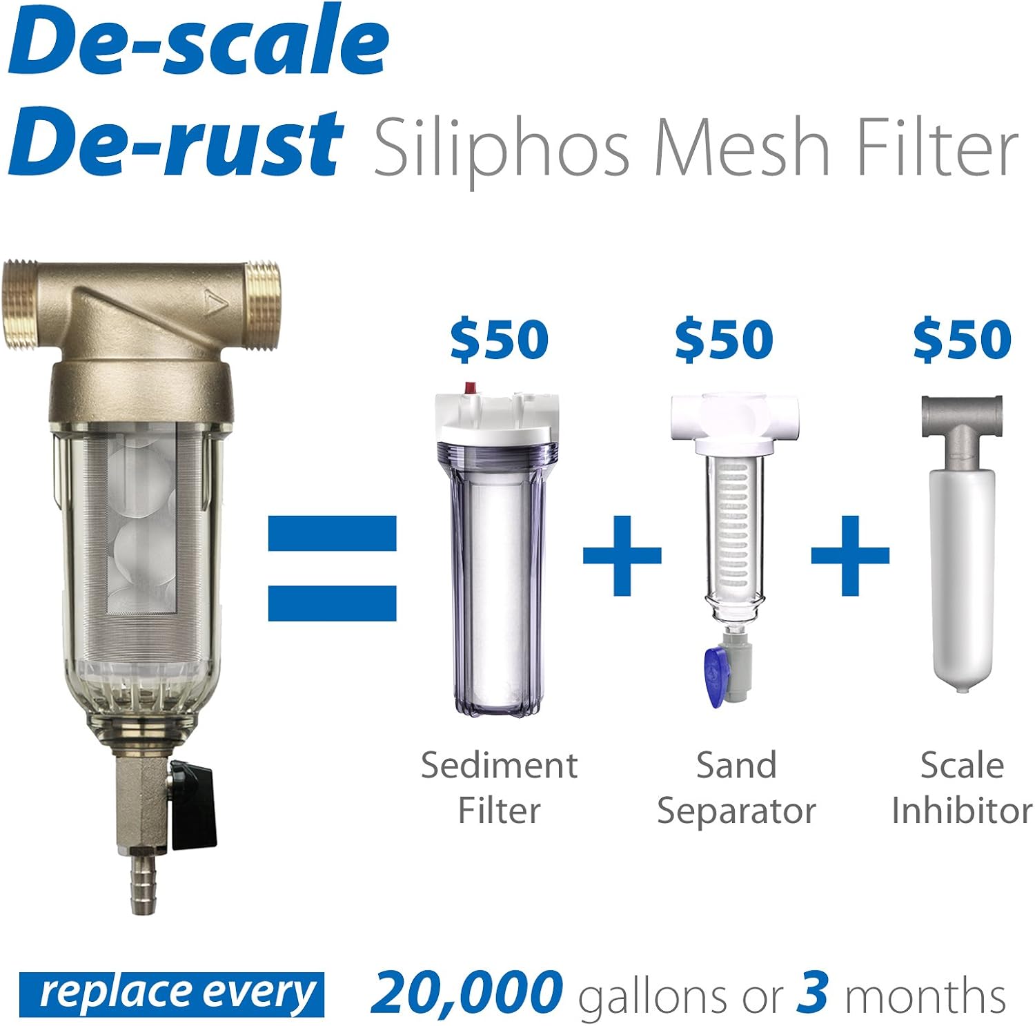 iSpring WSP-50SL Reusable Whole House Spin Down Sediment Water Filter with Siliphos and Push Fit Ball Valve