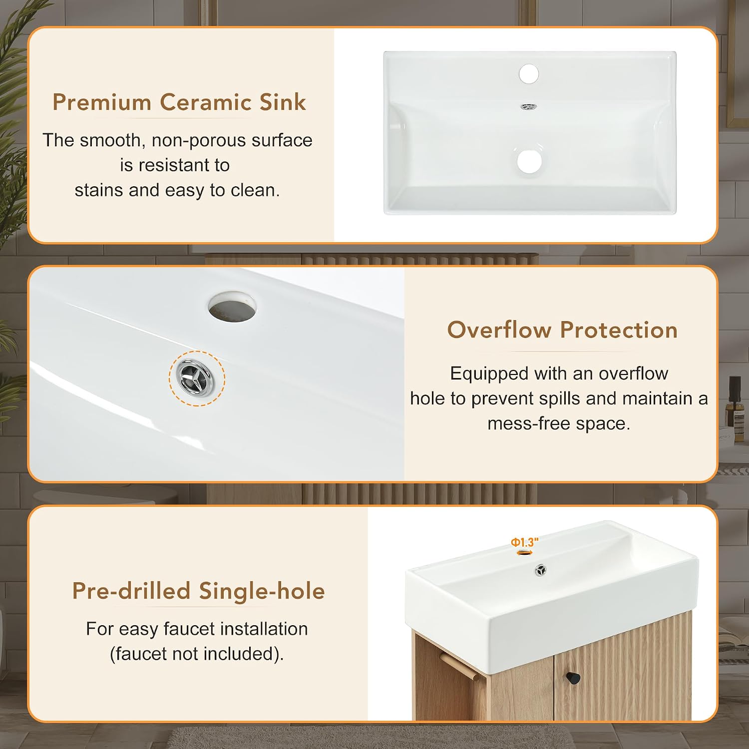Space-Saving 21.6' Bathroom Vanity with Sleek Ceramic Sink, Freestanding Right Door MDF Cabinet - Perfect for Compact Bathrooms!