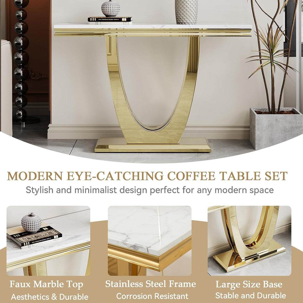 White Gold Console Table, 47' Faux Marble Entryway Table Narrow Long Sofa Table, Modern Accent Table Luxury Rectangle Behind Sofa Entrance Table Foyer Hallway Table for Living Room