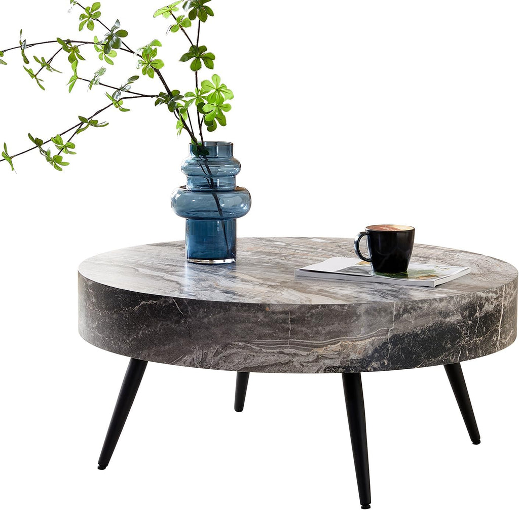 Round Coffee Table, Small Wood Marble Coffee Table with Storage, Modern Mid Century Circle Tables Accent Center Tables for Living Room Apartment Small Space (31.5''D-Marble Grey)