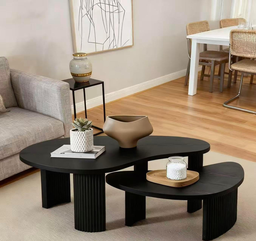 Nesting Coffee Table Set of 2, Modern Irregular Nesting Tables Wooden Center Circle Accent Tea End Side with Fluted Legs for Living Room, Apartment, Office 49.41' W Black