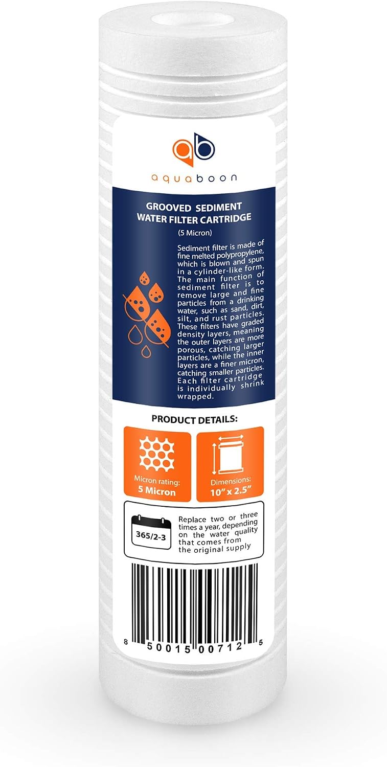 Aquaboon 5 Micron 10 x 2.5 Grooved Sediment Water Filter Replacement for Whole House Filter Cartridge Compatible with AP110, WHKF-GD05, CFS110, 50-Pack