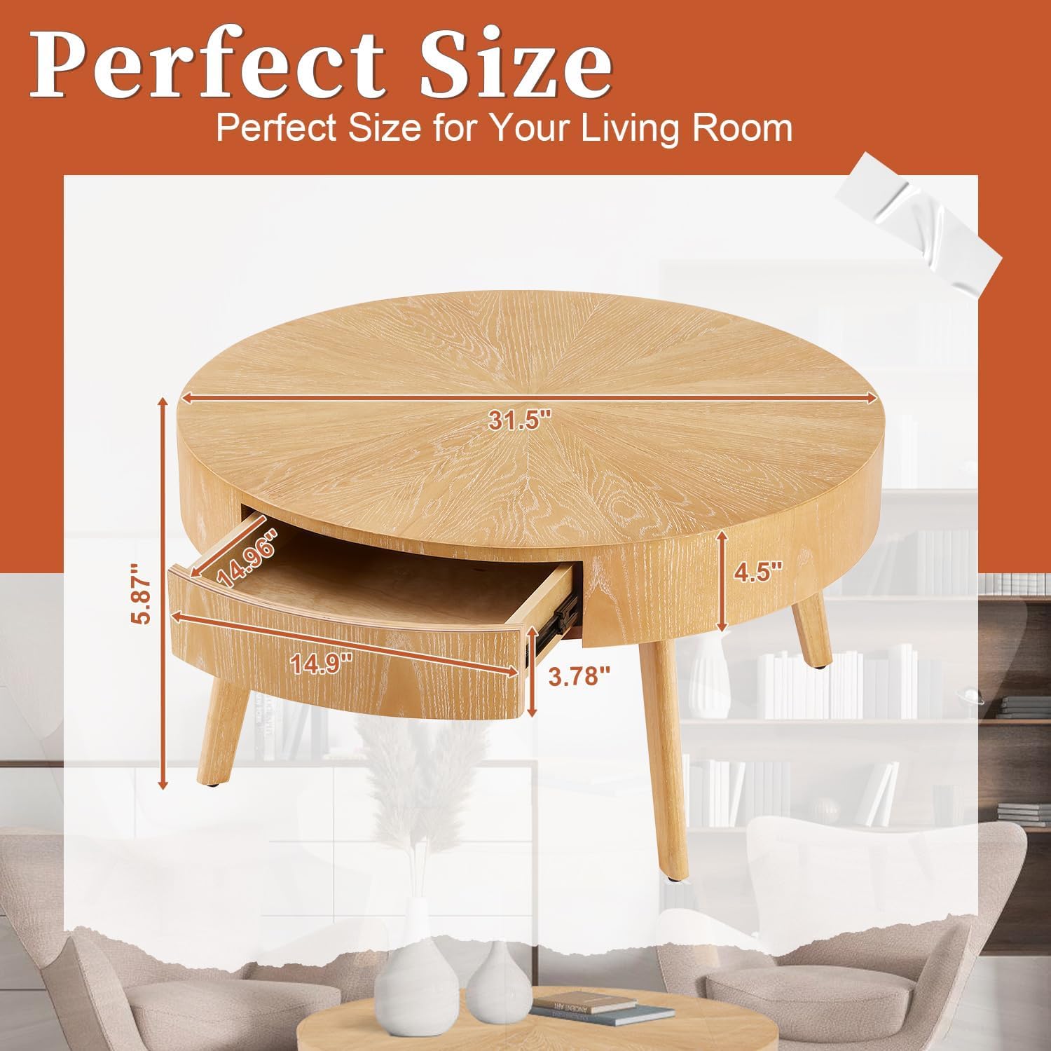 Round Wood Coffee Table for Living Room, Modern Wood Table with Storage, Wooden Circle Coffee Table, 29.14' L x 29.14' W x 15.87' H