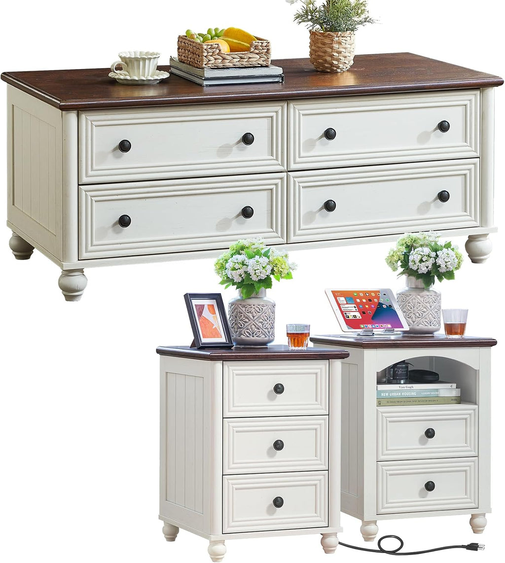 Farmhouse Coffee Table and Night Stand Set of 3, Wood 48' Center Table and 18'' Wide Chest of Drawers, Roman Column Nightstand Set of 2, Coffee and end Tables Sets for Living Room,Hallway,White