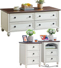 Farmhouse Coffee Table and Night Stand Set of 3, Wood 48' Center Table and 18'' Wide Chest of Drawers, Roman Column Nightstand Set of 2, Coffee and end Tables Sets for Living Room,Hallway,White