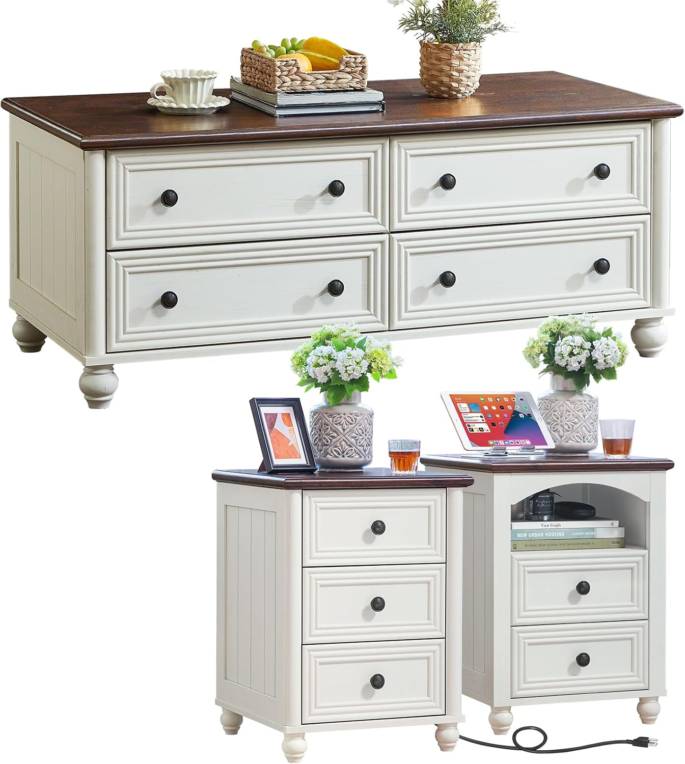 Farmhouse Coffee Table and Night Stand Set of 3, Wood 48' Center Table and 18'' Wide Chest of Drawers, Roman Column Nightstand Set of 2, Coffee and end Tables Sets for Living Room,Hallway,White