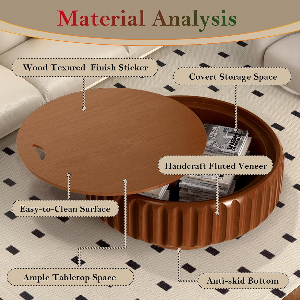 Chic Drum Coffee Table with Storage 31.5' Rustic Round Center Table - Handcraft Fluted Veneer Easy Assemble for Living Room Apartment (C 31.5in)