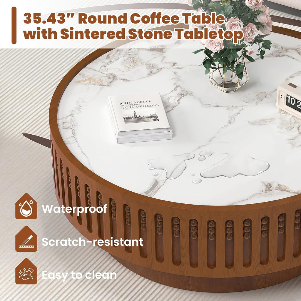 35.43' Round Coffee Table with Sintered Stone Tabletop, Modern Drum Fluted Center Table, Unique Circle Wood Coffee Table for Living Room Small Spaces (Walnut, 35.43' Sintered Stone Tabletop)