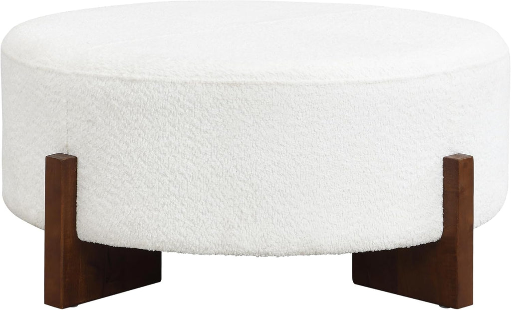 Christopher Knight Home Holmes Modern Boulce Upholstered Ottoman Coffee Table, Wooden Round Cocktail Ottoman, Large Living Room Sofa Footstool/Footrest, White+Walnut