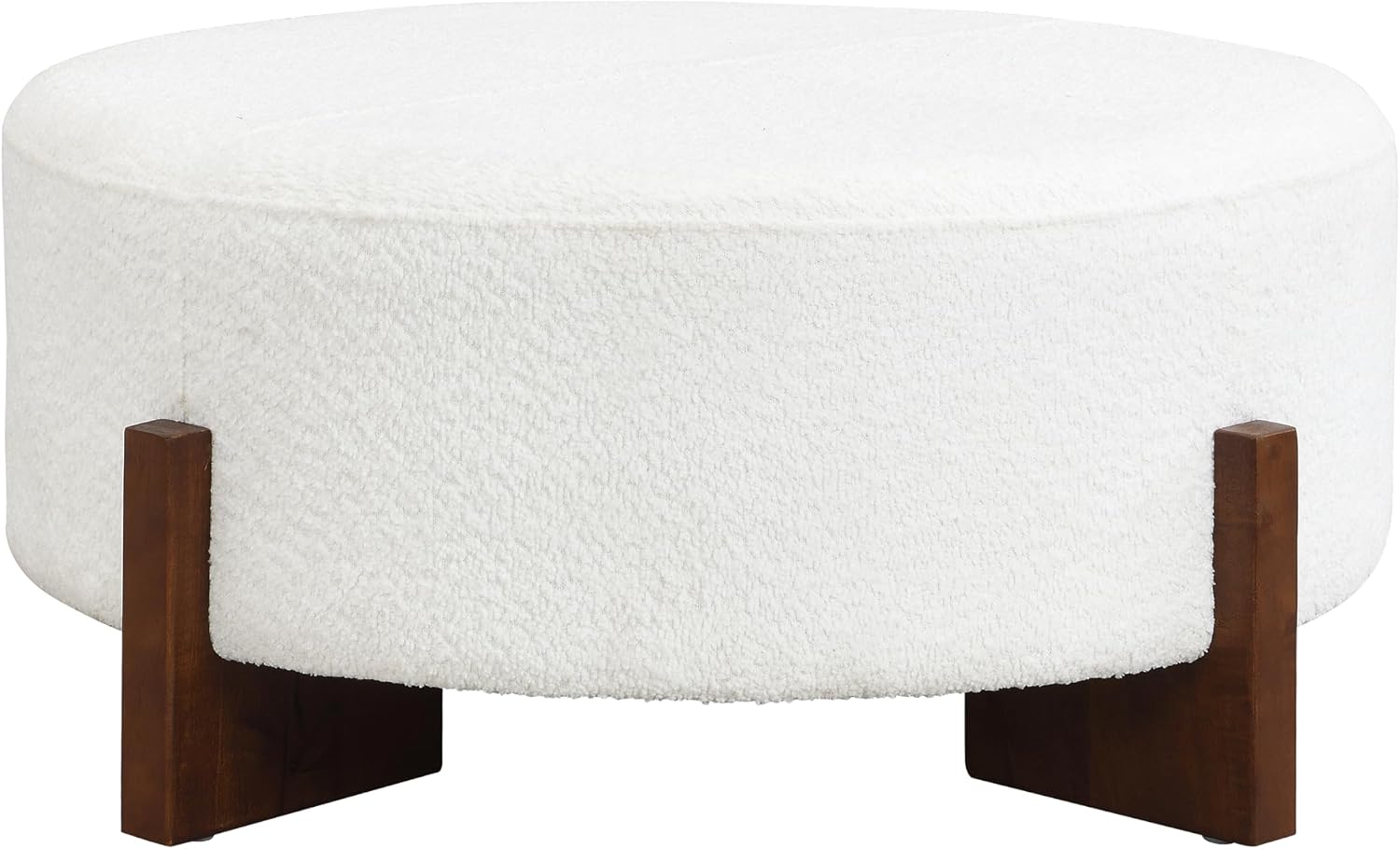 Christopher Knight Home Holmes Modern Boulce Upholstered Ottoman Coffee Table, Wooden Round Cocktail Ottoman, Large Living Room Sofa Footstool/Footrest, White+Walnut