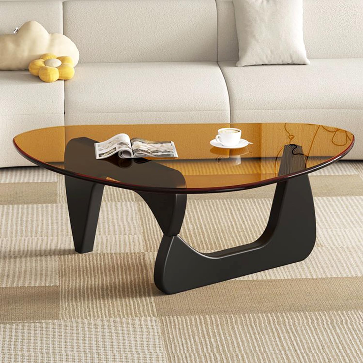 Glass Coffee Table, Mid Century Modern Coffee Table, Coffee Table for Living Room Center Table Suitable for Bedroom Living Room Reception Office Tables (Black/Brown, Large)