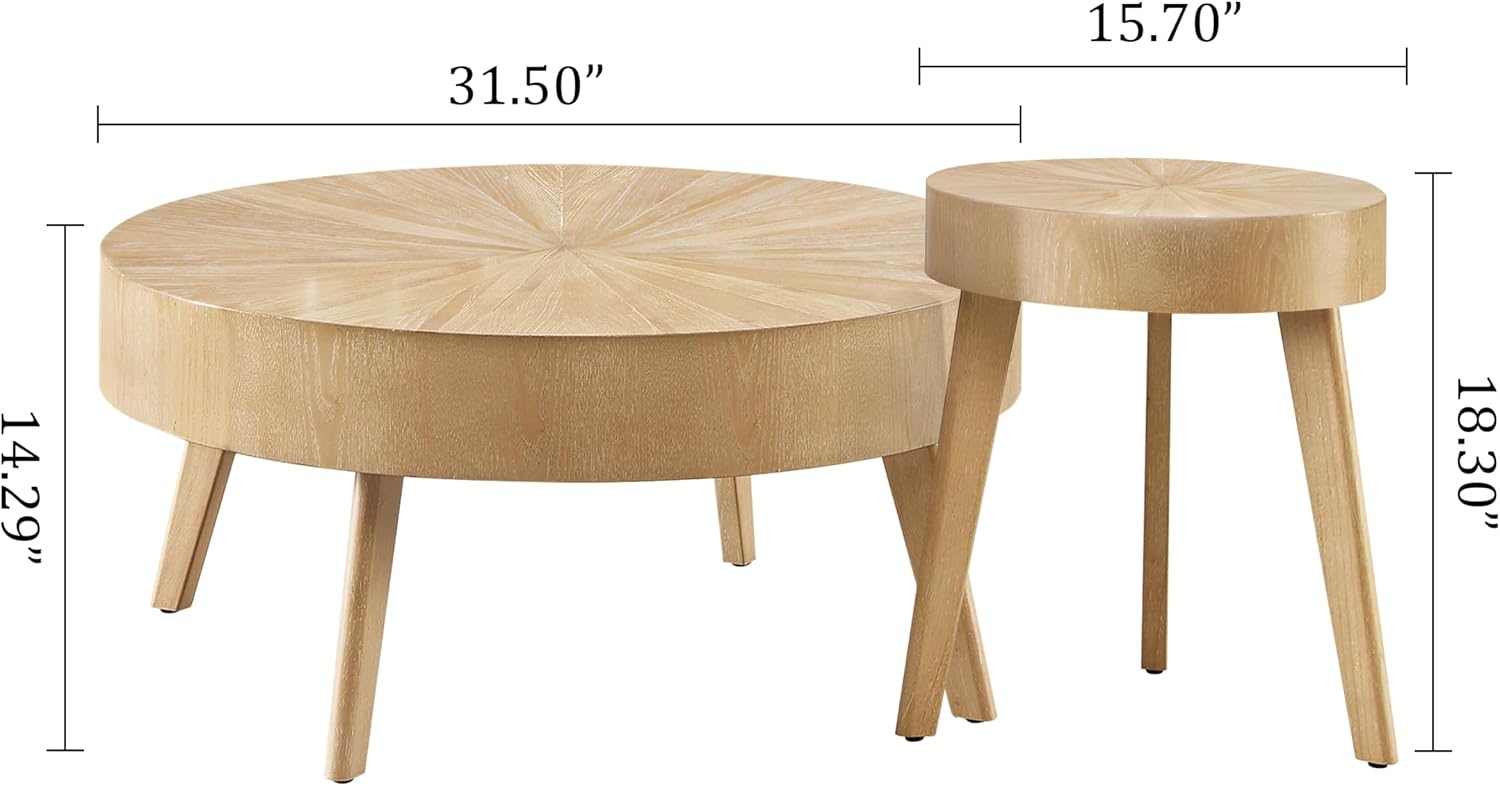 Nesting Round Wood Coffee Table Set of 2 - Wooden Circle Coffee Table ＆ End Table Side Table for Living Room Apartment (Light Brown,31x31x14 in)