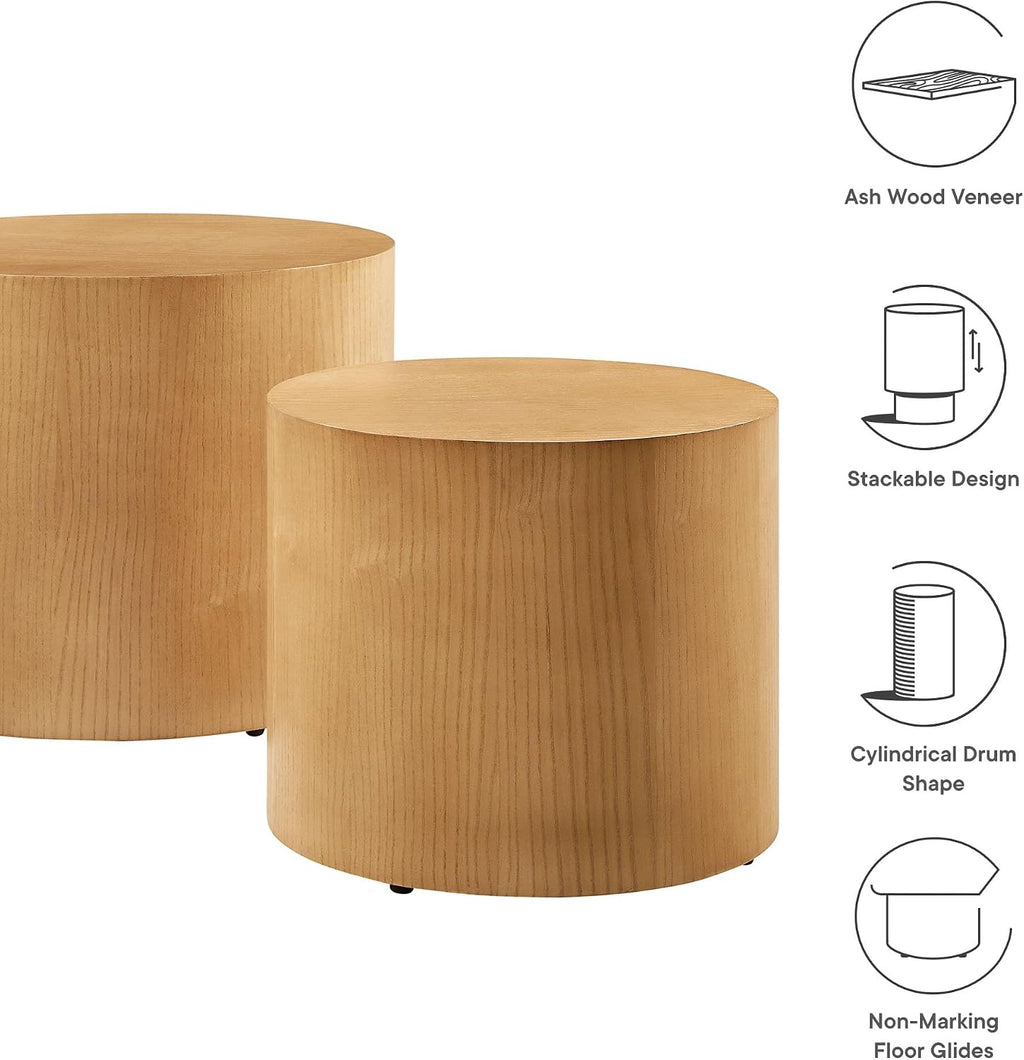 Modway Amani Nesting Coffee Table Set of 2 in Natural - Modern Round Drum Tables - Stackable End Tables for Small Spaces - Circle Side Table Set for Living Room