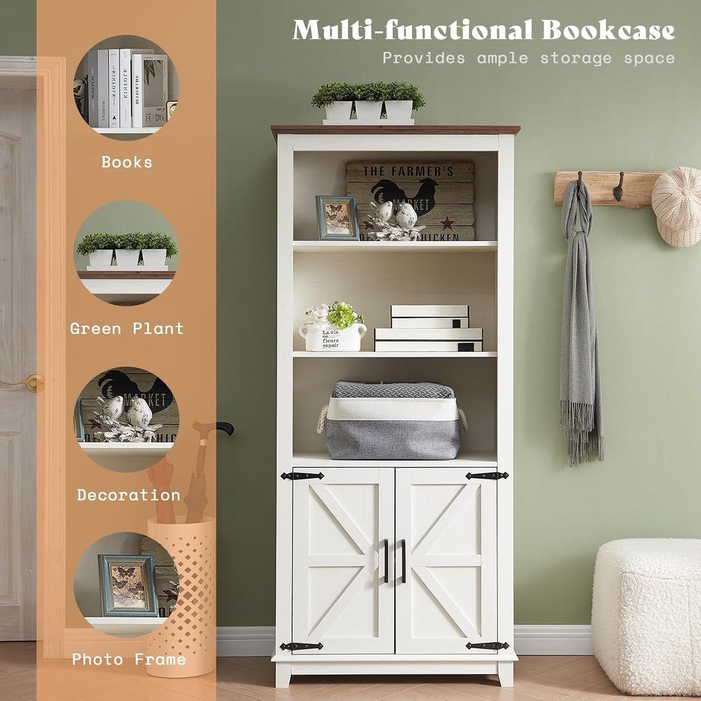 AMERLIFE TV Stand with Set of 2 Bookcases and Coffee Table, Farmhouse Entertainment Center for 65 Inch Television with Sliding Barn Doors & Storage Drawers, for Living Room, Bedroom, Rustic White