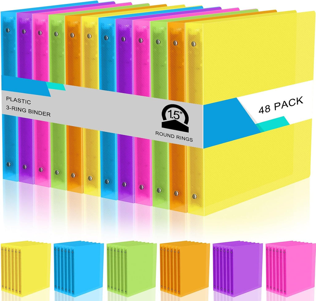 Fulmoon 48 Pack 3 Ring Plastic Binders 1.5 Inch Bulk with 2 Pockets, Flexible Binder Loose Leaf Hardcover, Fit 12' x 10' US Letter Size Paper, for School Office Home, 6 Colors (Bright)