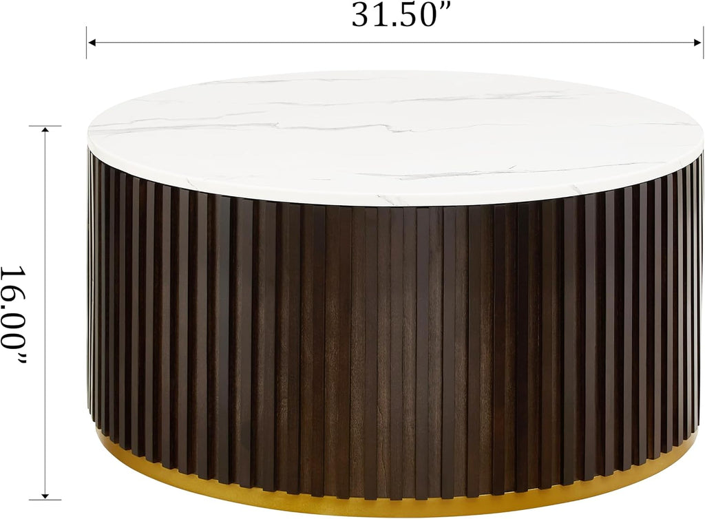 Round Wood Coffee Table with Marble Lid ＆ Hidden Storage, Modern Handcraft Drum Coffee Tables, Circle Wooden Coffee Table for Living Room, No Need Assembly(Black Brown,31x31x16 in)