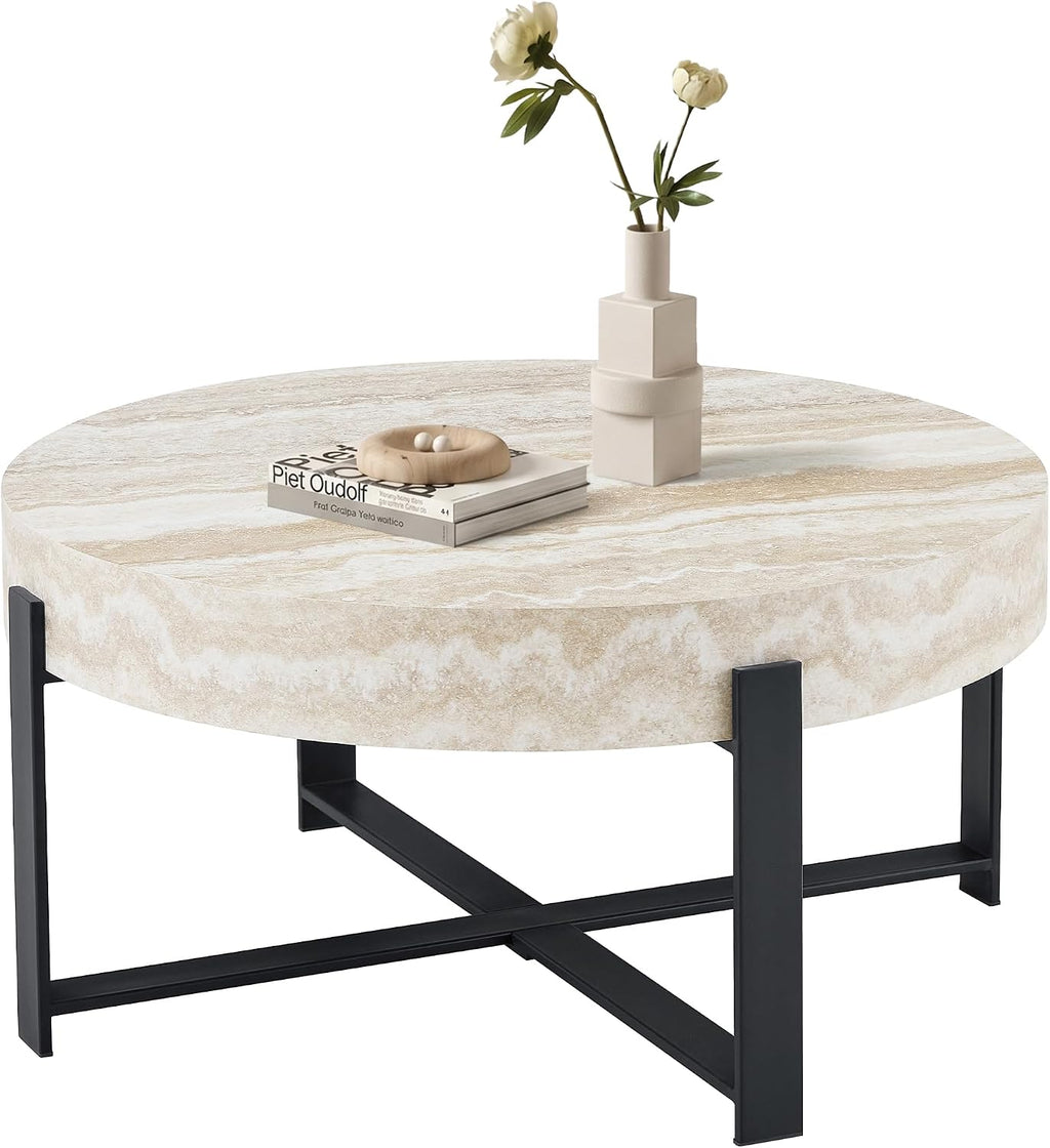 Modern Round Coffee Table Marble Coffee Table with Storage Travertine Stone Coffee Tables for Living Room Small Space Apartment