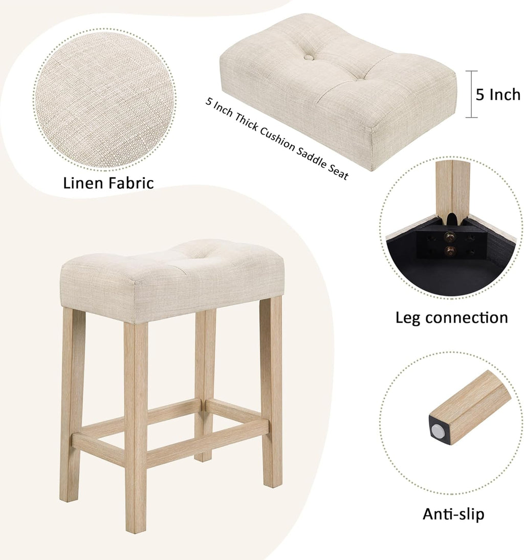 Merax 4 Piece Dining Bar Table Set with Power Outlet,Behind Sofa Couch Table with 3 Linen Fabric Padded Saddle Seat Stools,for Living Room,Dining Room,Light Oak