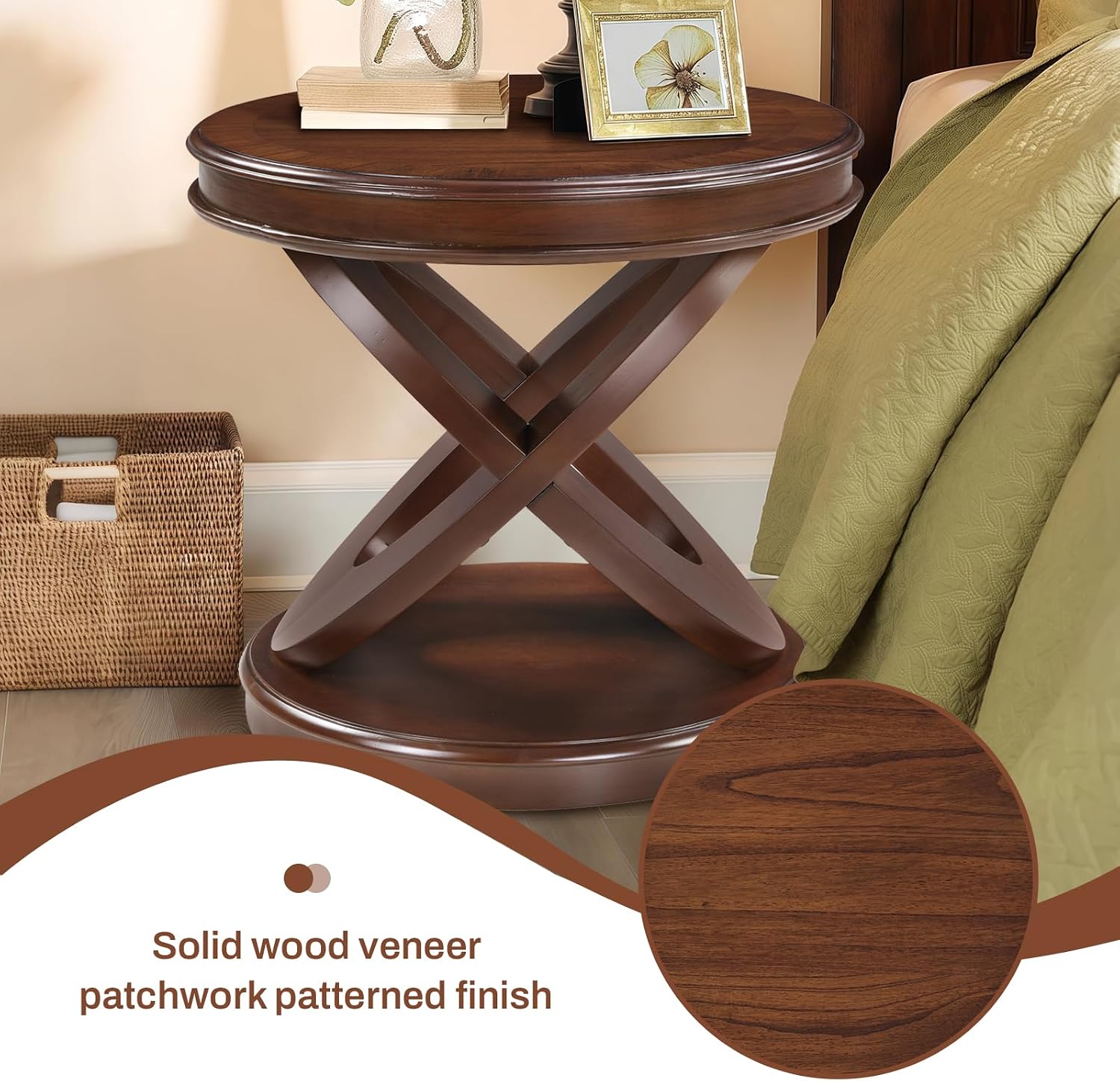 LKTART Round Wood End Tables for Living Room 22 Inch, X-Shaped Walnut Small Sofa Side Table, Vintage End Table for Small Space, Easy to Install(Walnut,22 Inch)