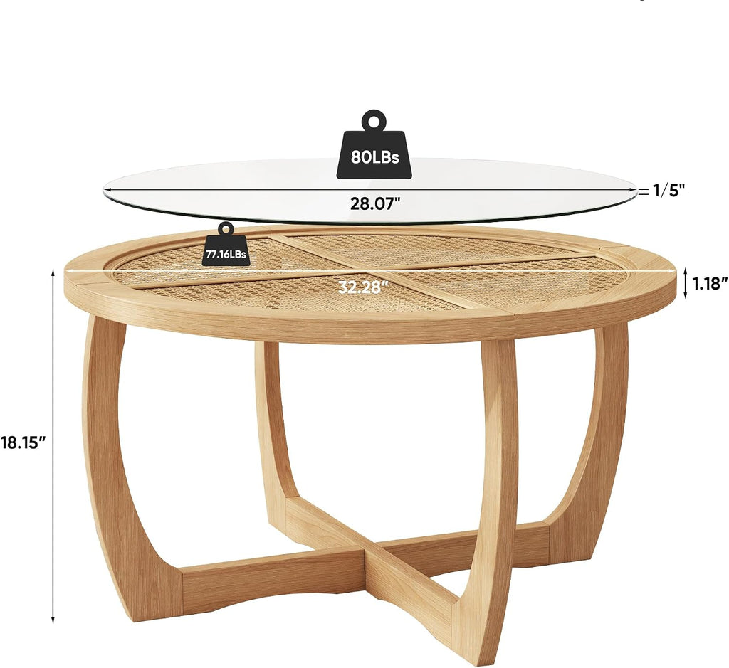 PADMA HOUSE Round Wood Coffee Table with Glass Rattan Top, Wooden Circle Center Table with Curved Legs & Removeable Tempered Glasstop, Cocktail Table for Living Room, Light Brown 32.28' x 18.15'