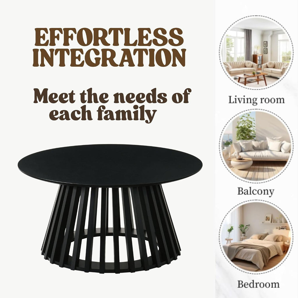 HNY Modern Black Round Coffee Table for Living Room, Mid Century Wood 31.5' Circle Small Center Table with Wooden Fluted Base for Home Small Space, Bedroom, Apartment, Studio