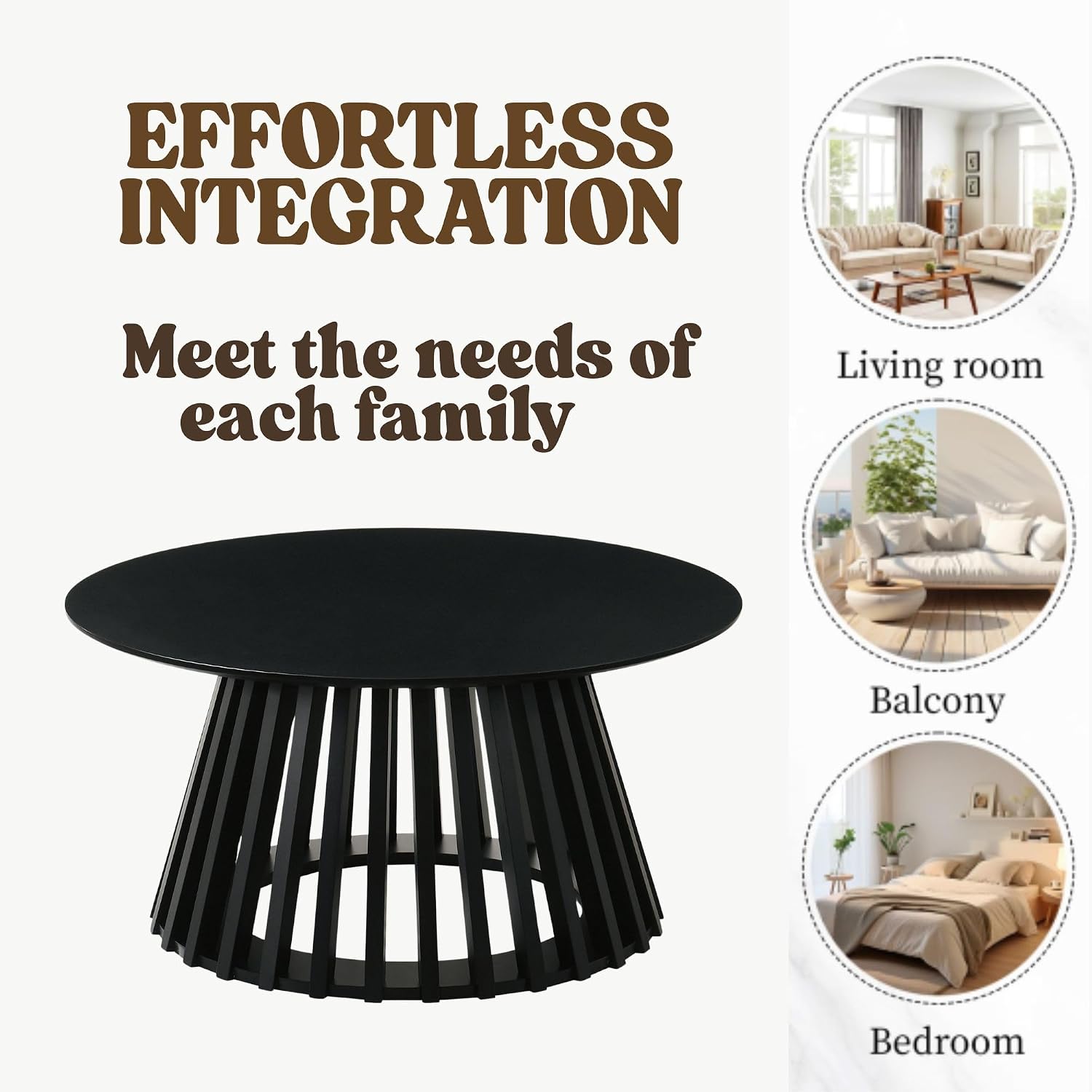 HNY Modern Black Round Coffee Table for Living Room, Mid Century Wood 31.5' Circle Small Center Table with Wooden Fluted Base for Home Small Space, Bedroom, Apartment, Studio