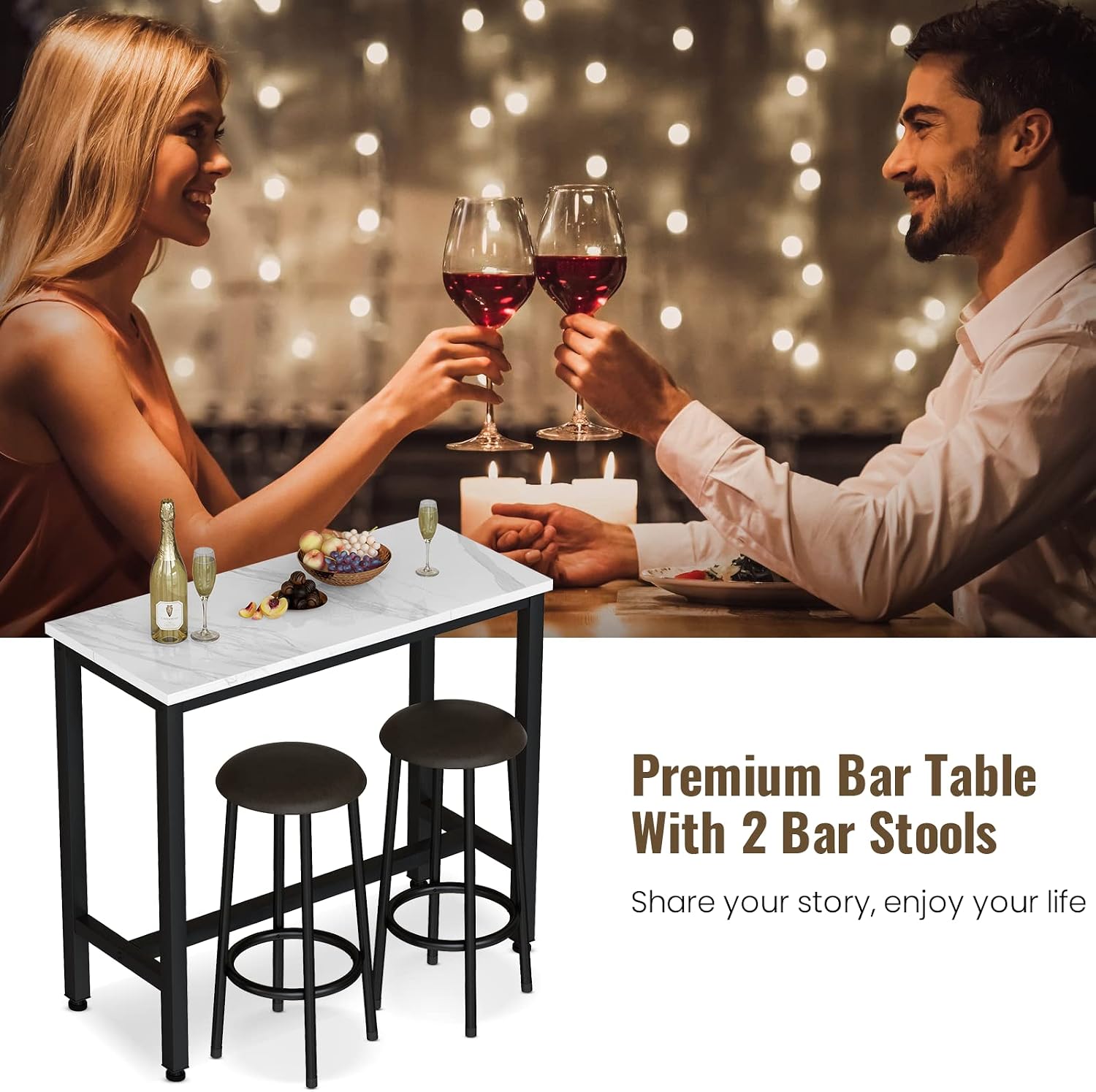AWQM 39.3' Bar Table Set of 2,Faux Marble Pub Height Table and Chairs Set of 2 with Upholstered Stools,3 Piece Bar Table and Chairs Set Dining Table Set for Living Room,Kitchen,Bar,White & Brown