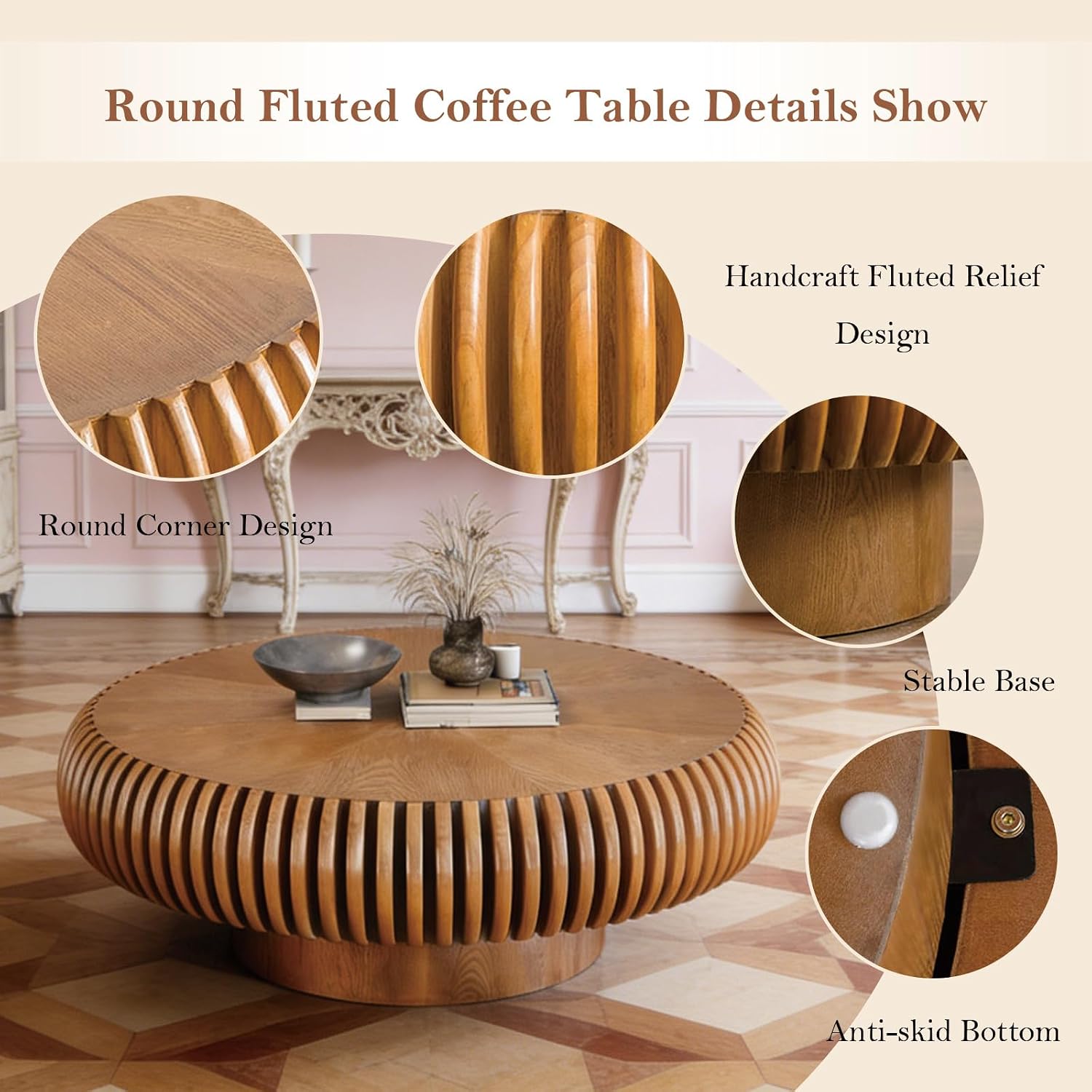 31.49' Round Fluted Coffee Table Unique Contemporary Wood Low Circle Drum Tea Tables with Sturdy Pedestal for Small Space (D Brown 31.49in)