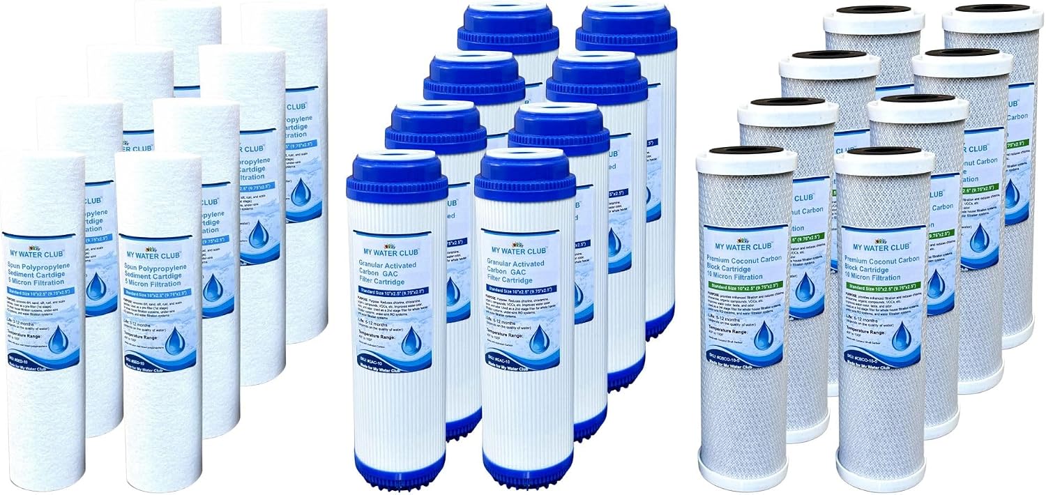 MyWaterClub 4-Year Filter Replacement Set (Total 24 Pcs) – Sediment, GAC, and Premium Activated Coconut Carbon Block Filter Cartridges for 3-Stage Whole House Filtration Systems