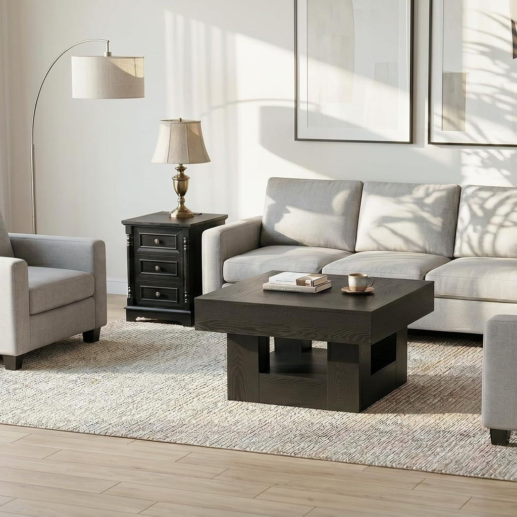 OKYCI Modern Coffee Table and End Table Set of 3 for Living Room, Includes 31.5' Coffee Table & 2 Side Table with 3 Drawers & Charging Station, Black