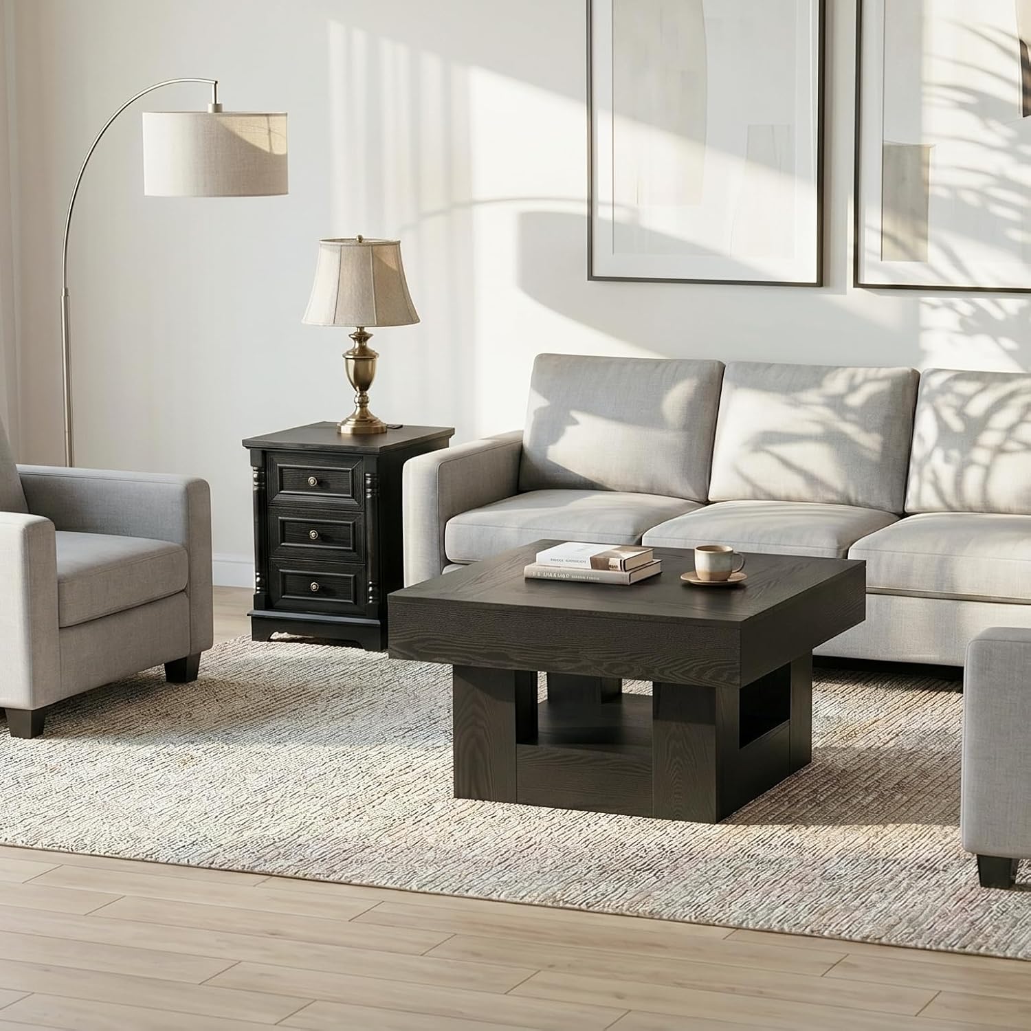 OKYCI Modern Coffee Table and End Table Set of 3 for Living Room, Includes 31.5' Coffee Table & 2 Side Table with 3 Drawers & Charging Station, Black