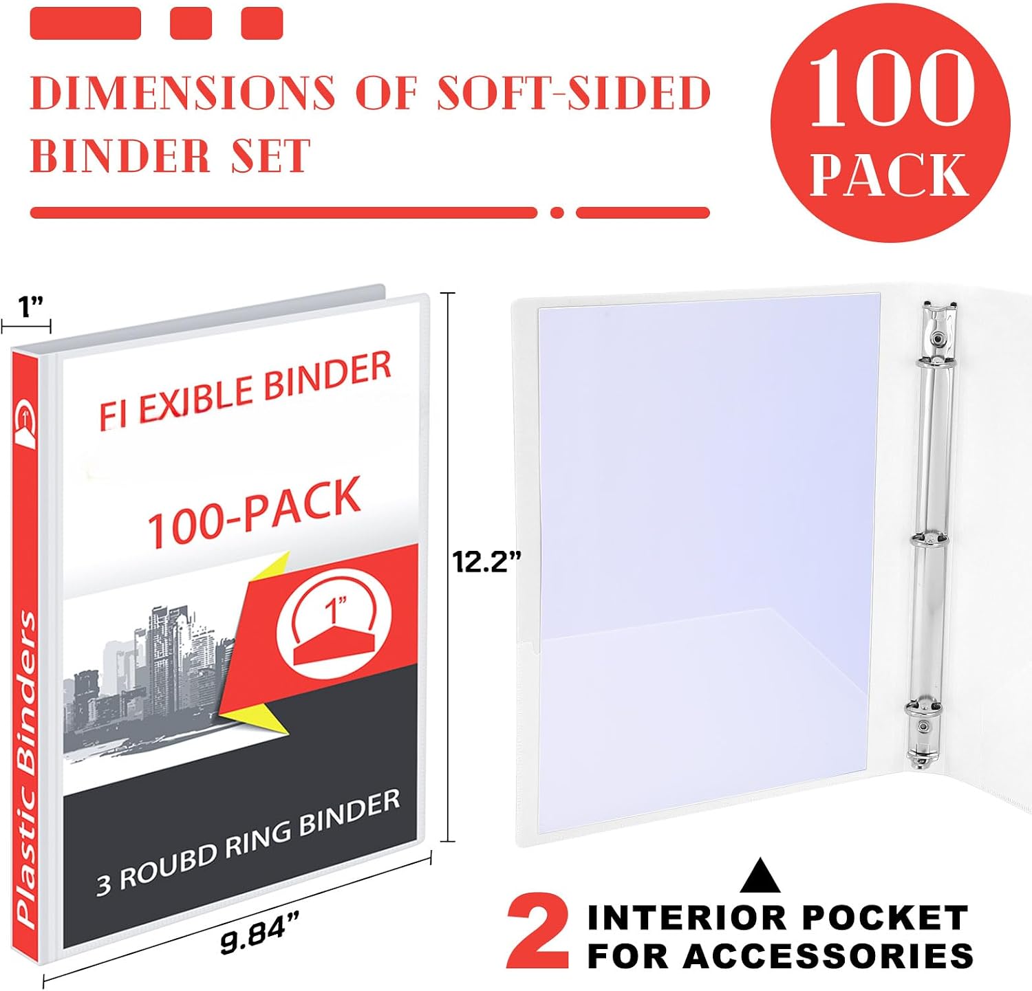 Fulmoon 100 Pcs 3 Ring Binders 1 Inch, Plastic Flexible Binders in Bulk with 2 Interior Pockets,Hold 175 Sheets with Clear Cover for Office, Home, and School(White)