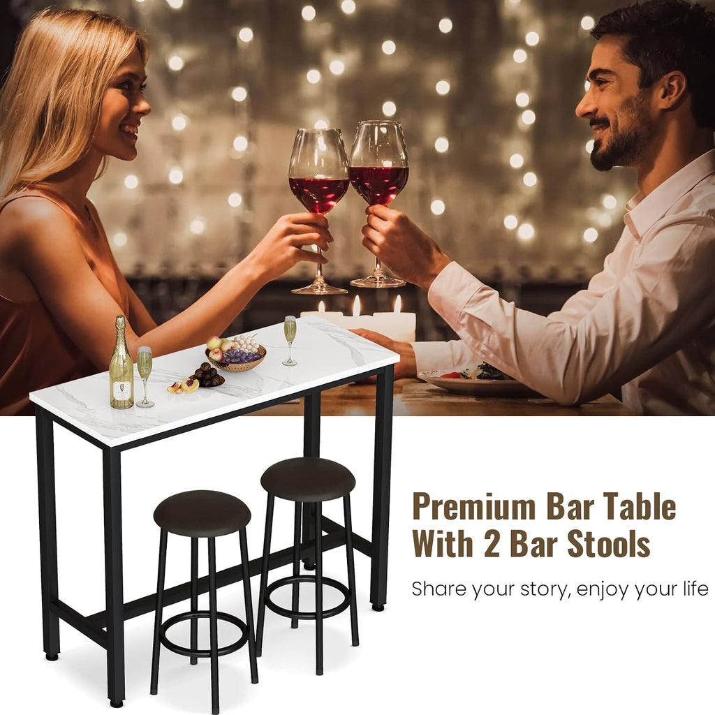 AWQM 47.2' Bar Table Set of 2,Faux Marble Pub Height Table and Chairs Set of 2 with Upholstered Stools,3 Piece Bar Table and Chairs Set Dining Table Set for Living Room,Kitchen,Bar,White & Brown