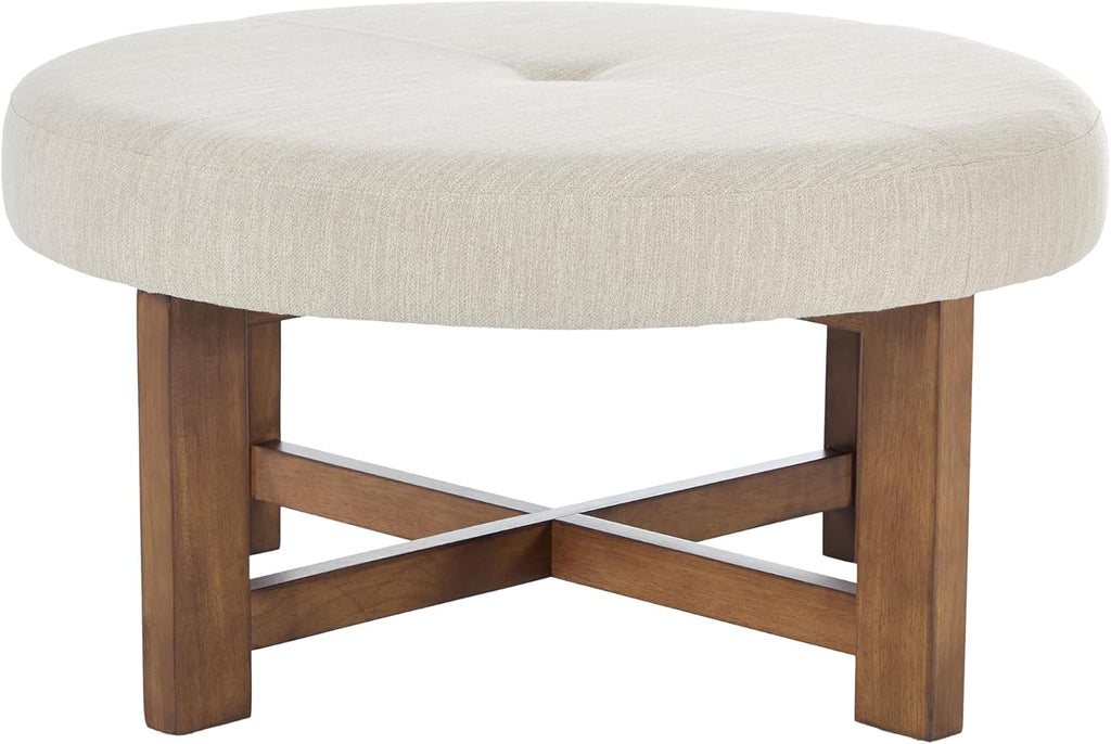 Christopher Knight Home Ladin Modern Round Ottoman Coffee Table, Fabric Upholstered Cocktail Ottoman for Living Room Sofa, Entryway Comfortable Footstool, Wooden Ottoman Foot Rest, Beige+Brown